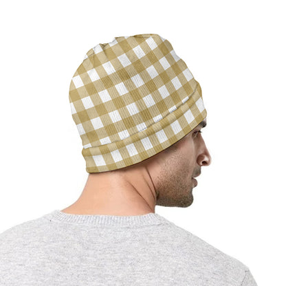 Beige And White Check Pattern Print Beanie