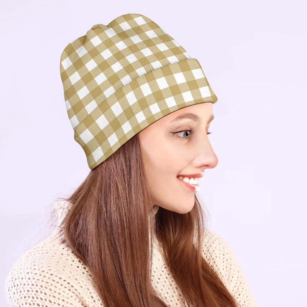 Beige And White Check Pattern Print Beanie
