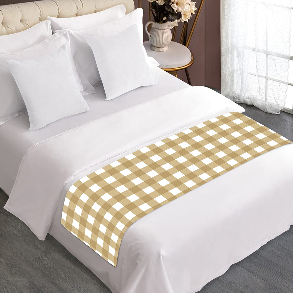 Beige And White Check Pattern Print Bed Runner