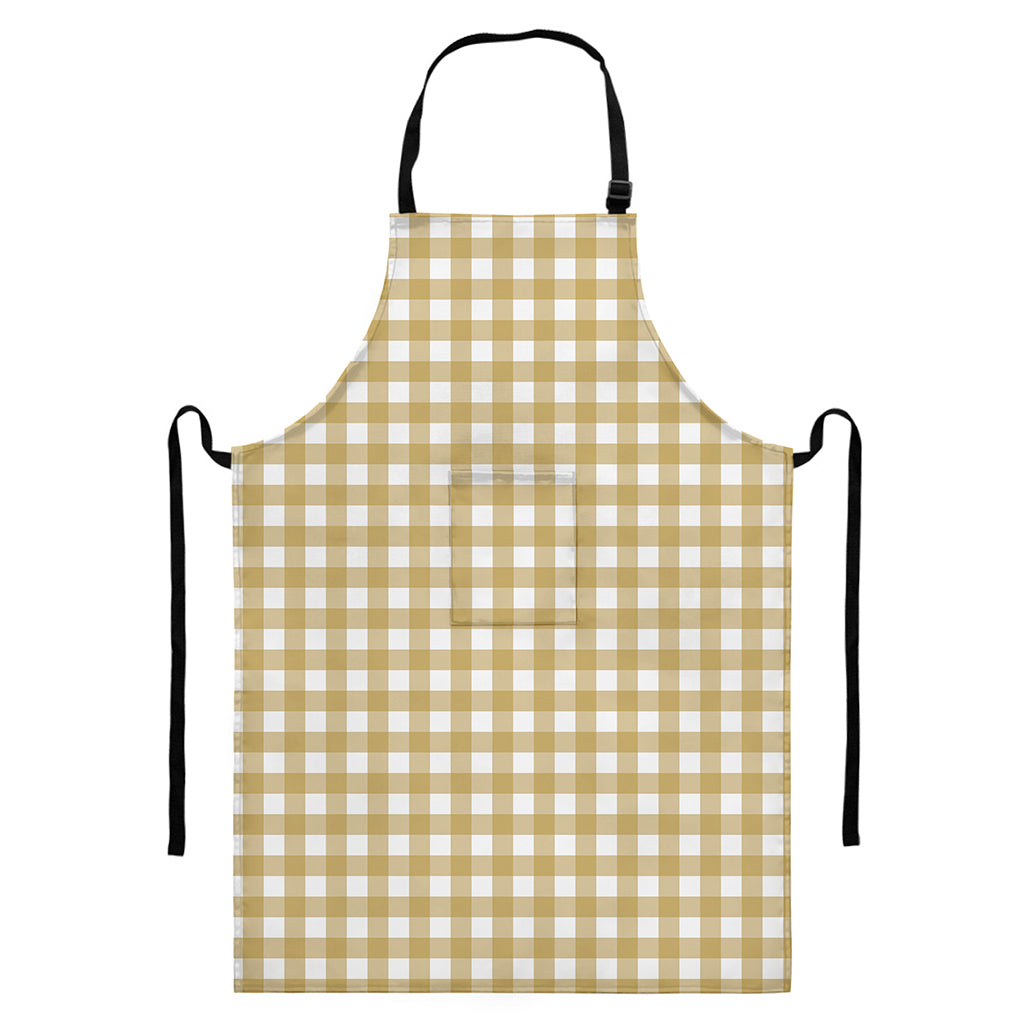 Beige And White Check Pattern Print Bib Apron With Pocket