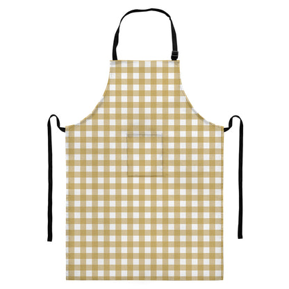 Beige And White Check Pattern Print Bib Apron With Pocket