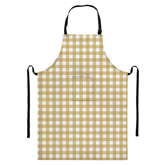 Beige And White Check Pattern Print Bib Apron With Pocket