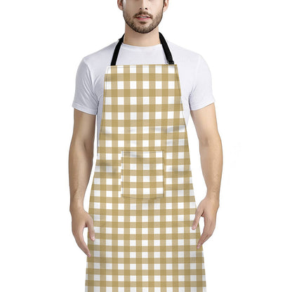 Beige And White Check Pattern Print Bib Apron With Pocket
