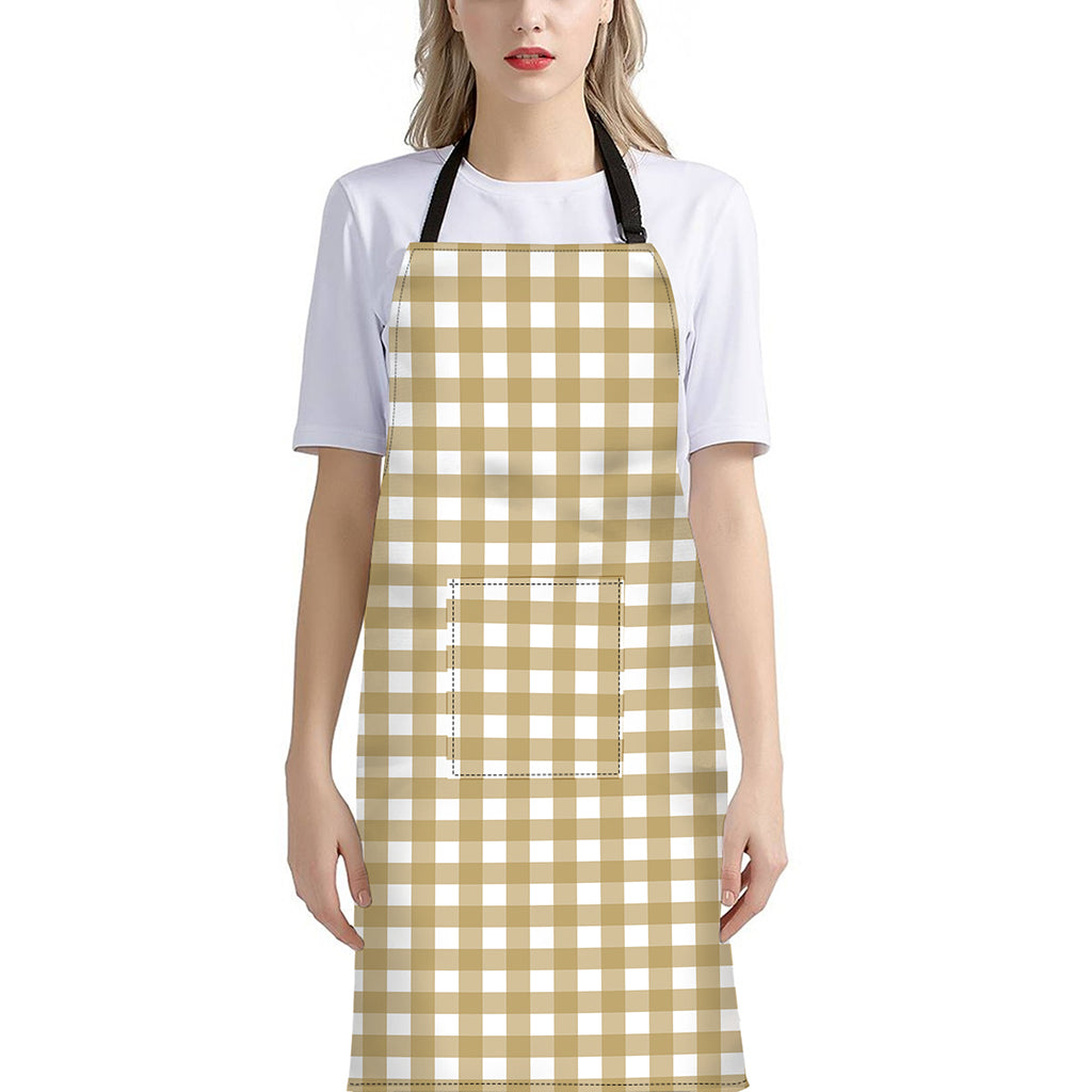 Beige And White Check Pattern Print Bib Apron With Pocket