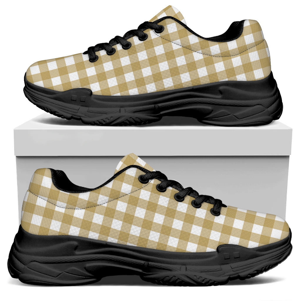 Beige And White Check Pattern Print Black Chunky Shoes