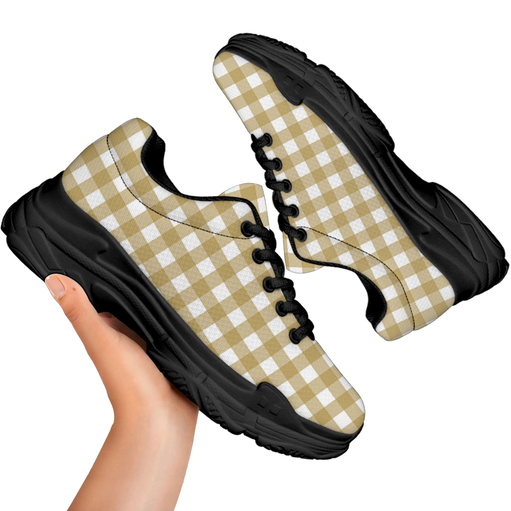 Beige And White Check Pattern Print Black Chunky Shoes