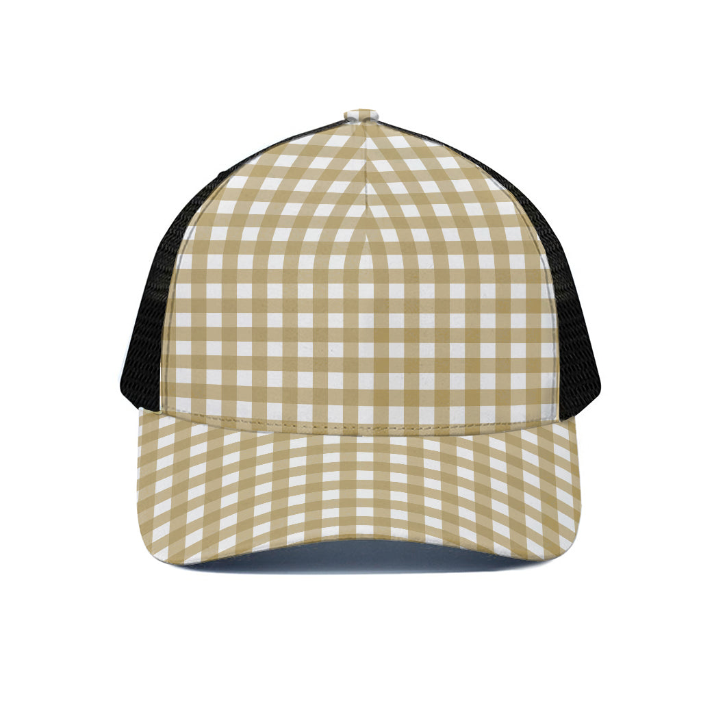 Beige And White Check Pattern Print Black Mesh Trucker Cap