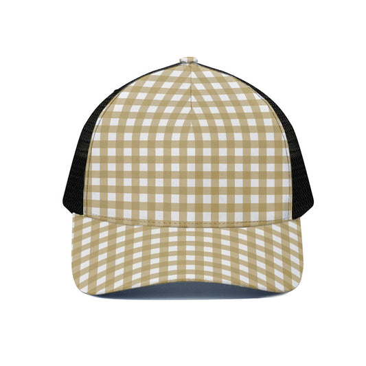 Beige And White Check Pattern Print Black Mesh Trucker Cap