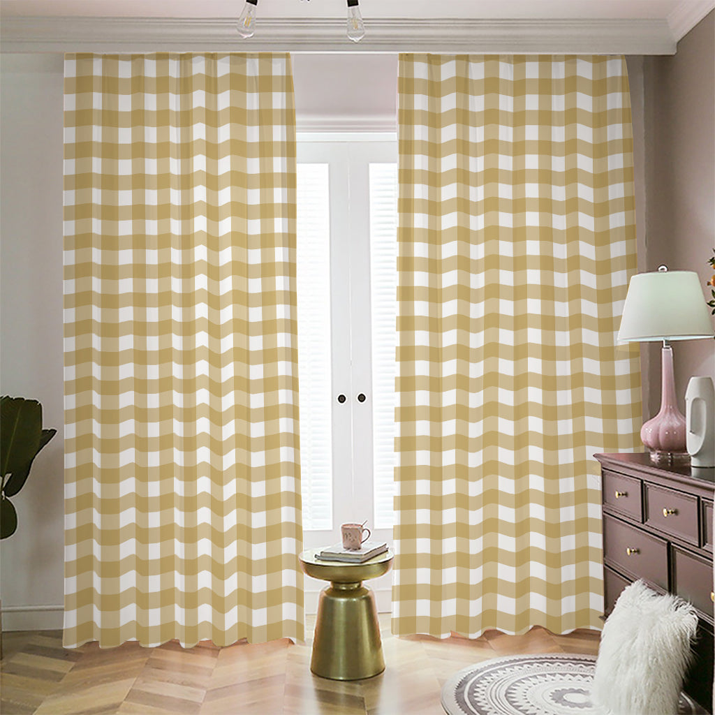 Beige And White Check Pattern Print Blackout Pencil Pleat Curtains