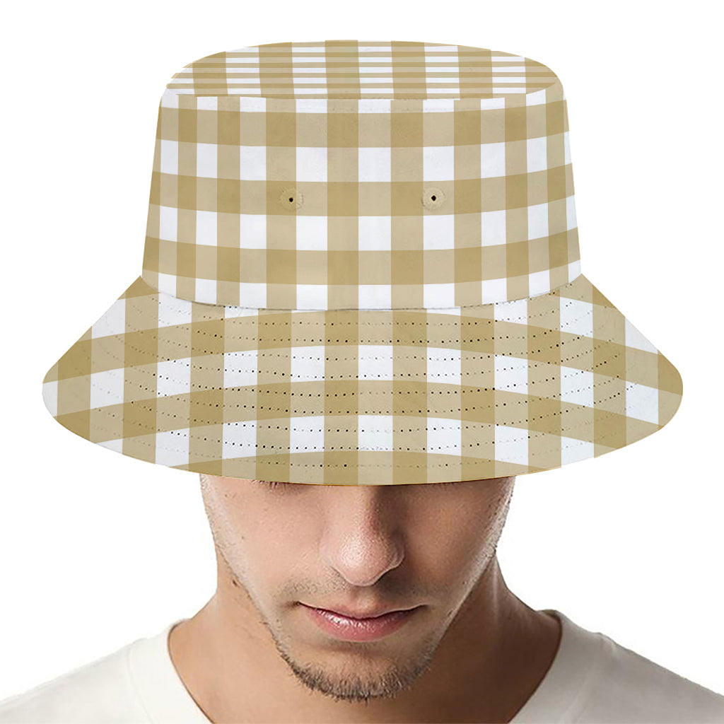 Beige And White Check Pattern Print Bucket Hat