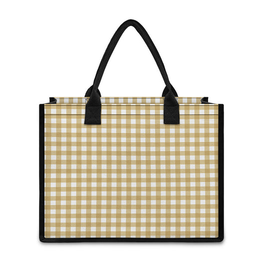 Beige And White Check Pattern Print Canvas Tote Bag