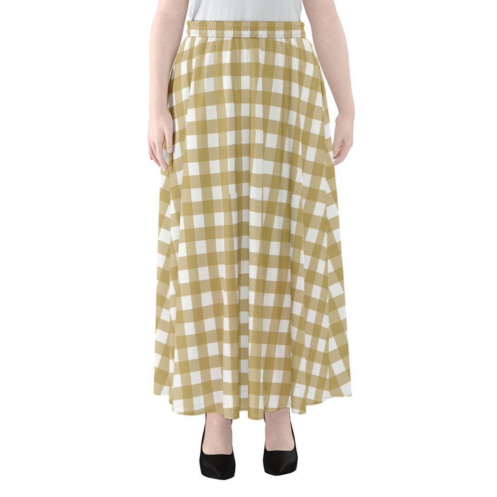 Beige And White Check Pattern Print Chiffon Maxi Skirt