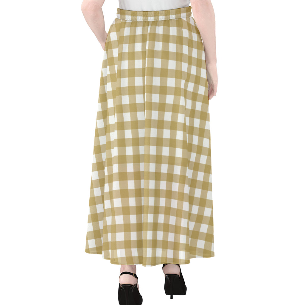 Beige And White Check Pattern Print Chiffon Maxi Skirt