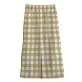 Beige And White Check Pattern Print Cotton Front Slit Maxi Skirt