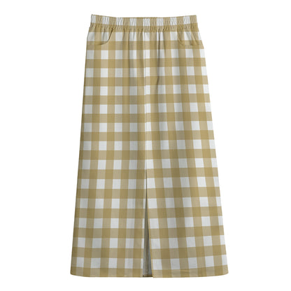 Beige And White Check Pattern Print Cotton Front Slit Maxi Skirt