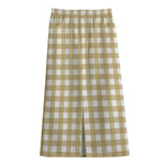 Beige And White Check Pattern Print Cotton Front Slit Maxi Skirt