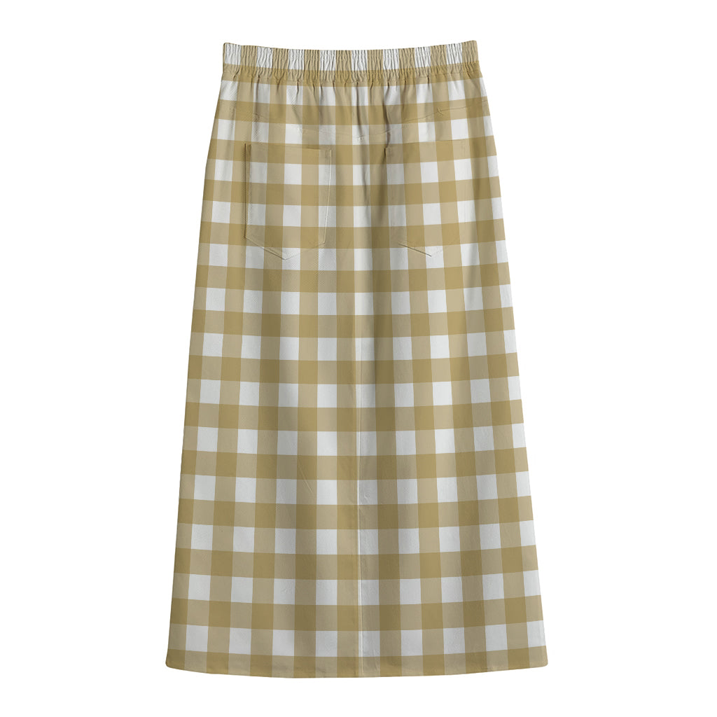 Beige And White Check Pattern Print Cotton Front Slit Maxi Skirt