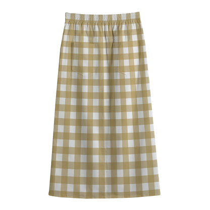 Beige And White Check Pattern Print Cotton Front Slit Maxi Skirt
