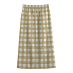 Beige And White Check Pattern Print Cotton Front Slit Maxi Skirt