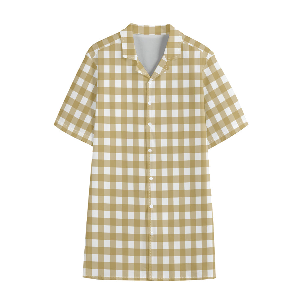Beige And White Check Pattern Print Cotton Hawaiian Shirt