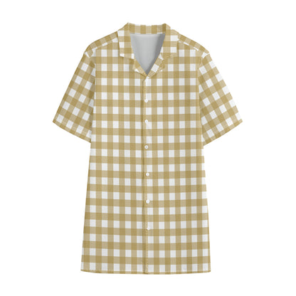 Beige And White Check Pattern Print Cotton Hawaiian Shirt