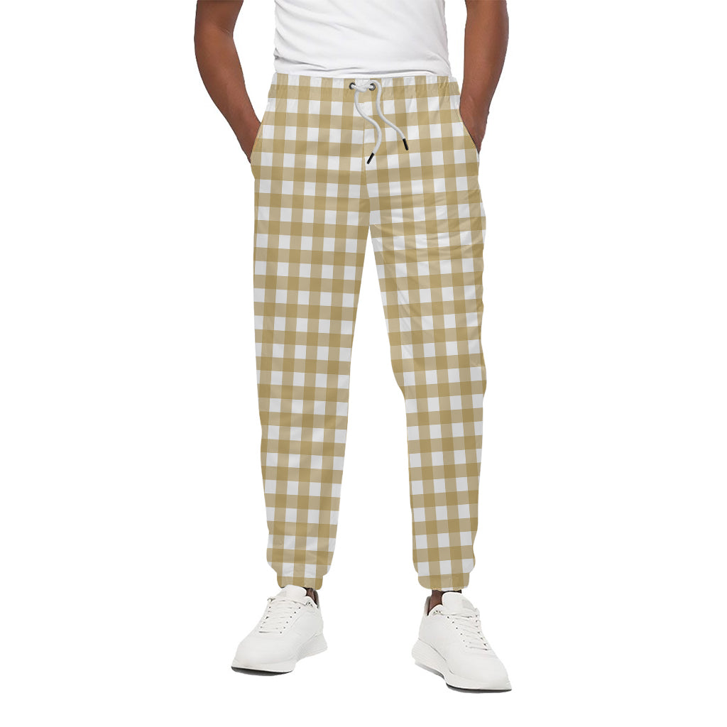 Beige And White Check Pattern Print Cotton Pants