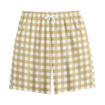 Beige And White Check Pattern Print Cotton Shorts