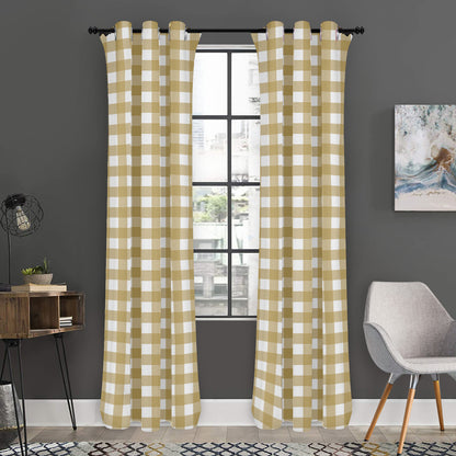 Beige And White Check Pattern Print Curtain