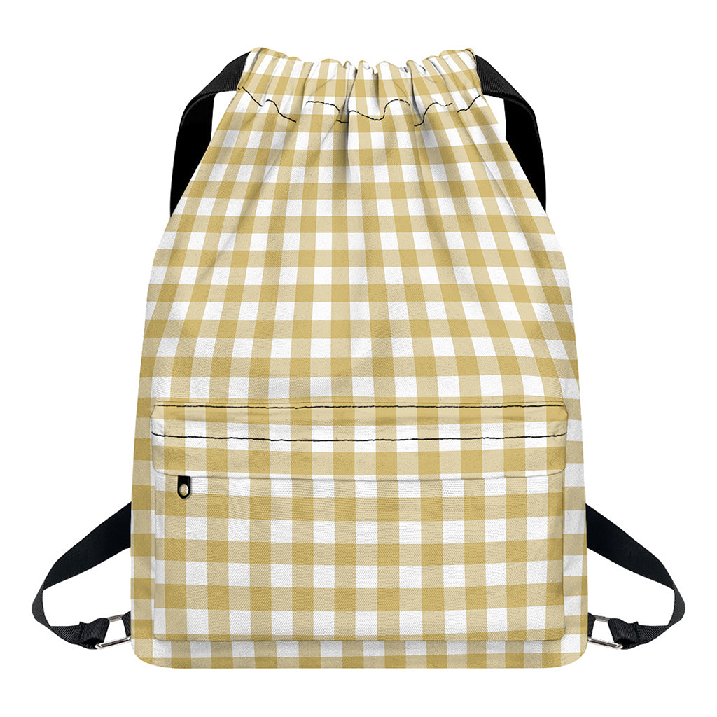 Beige And White Check Pattern Print Drawstring Backpack
