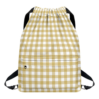 Beige And White Check Pattern Print Drawstring Backpack