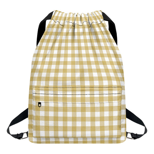 Beige And White Check Pattern Print Drawstring Backpack