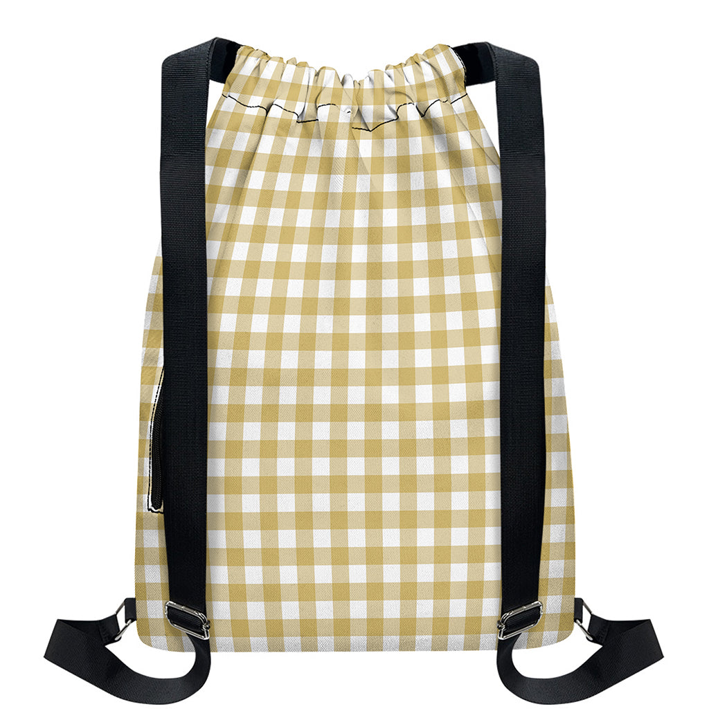 Beige And White Check Pattern Print Drawstring Backpack