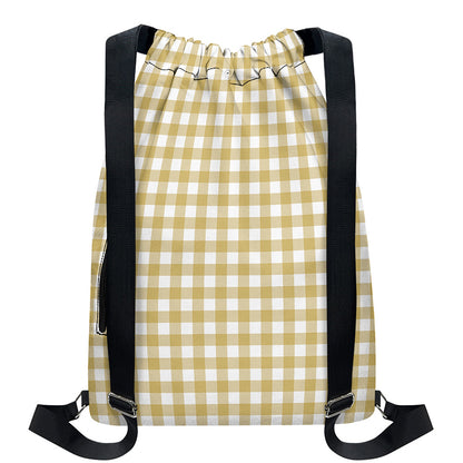Beige And White Check Pattern Print Drawstring Backpack