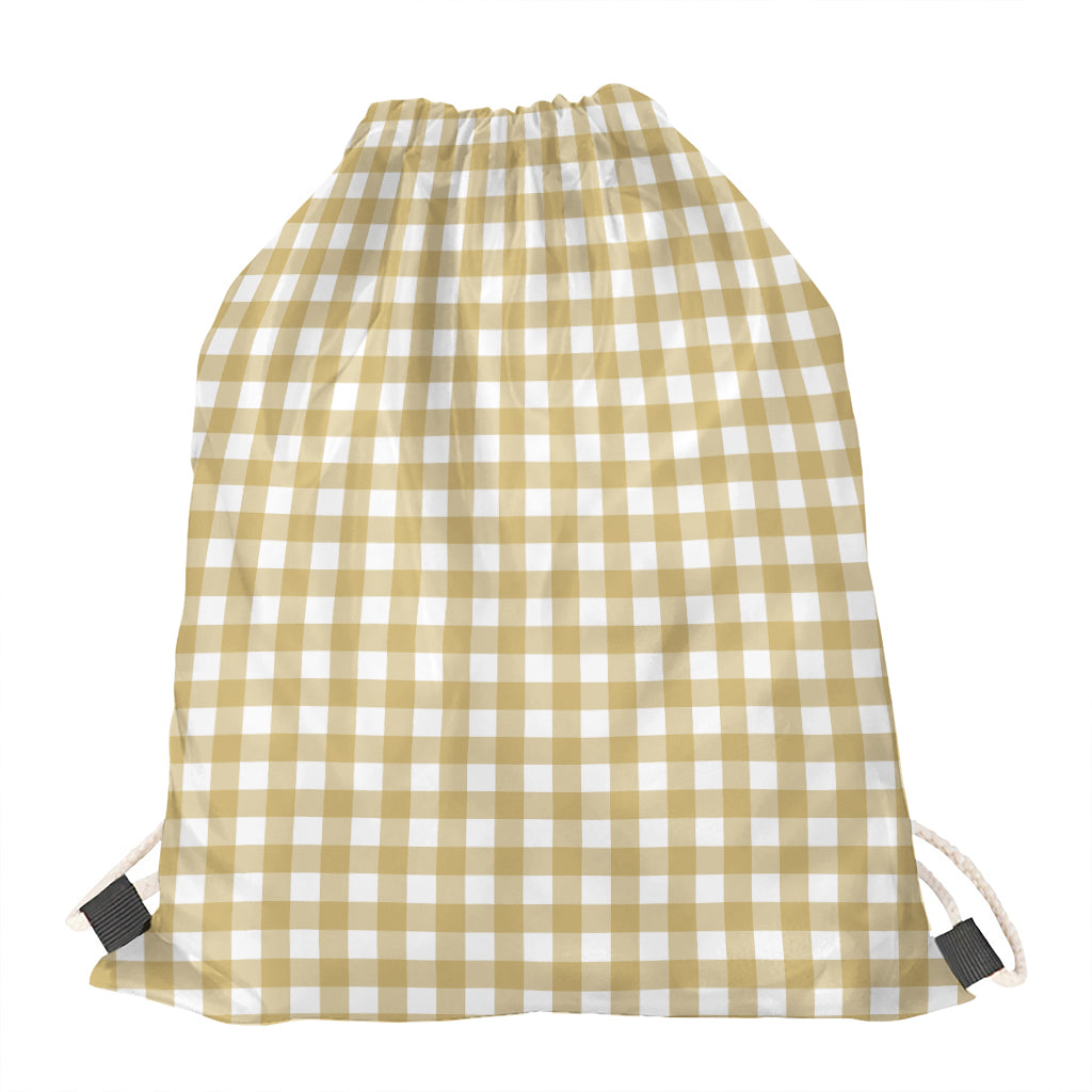 Beige And White Check Pattern Print Drawstring Bag