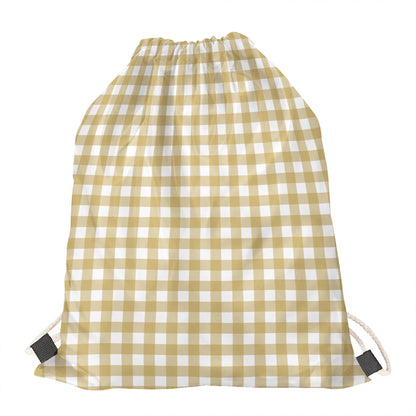 Beige And White Check Pattern Print Drawstring Bag
