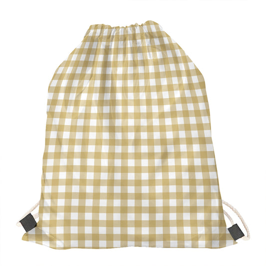 Beige And White Check Pattern Print Drawstring Bag