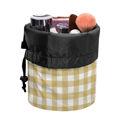 Beige And White Check Pattern Print Drawstring Makeup Bag