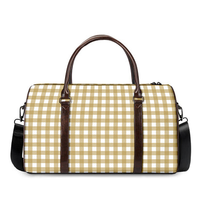 Beige And White Check Pattern Print Duffle Bag