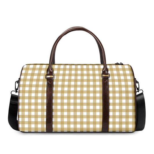 Beige And White Check Pattern Print Duffle Bag