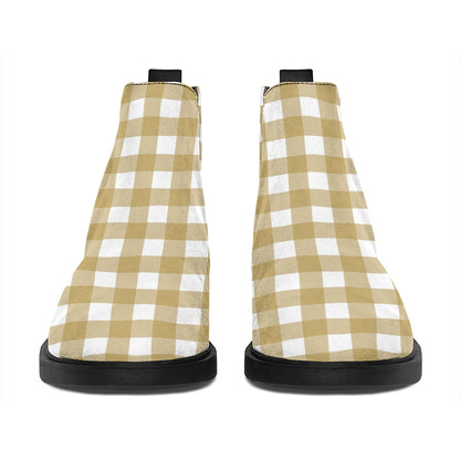 Beige And White Check Pattern Print Flat Ankle Boots