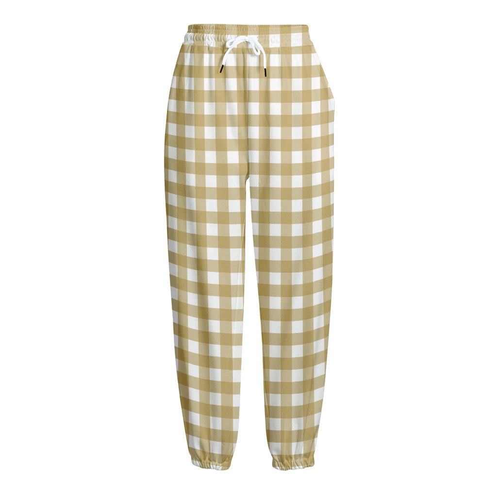 Beige And White Check Pattern Print Fleece Lined Knit Pants