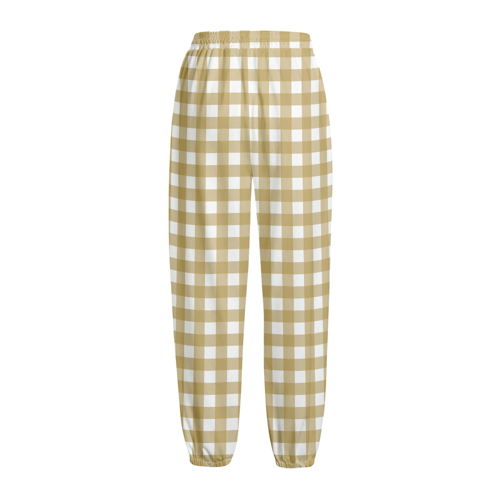 Beige And White Check Pattern Print Fleece Lined Knit Pants