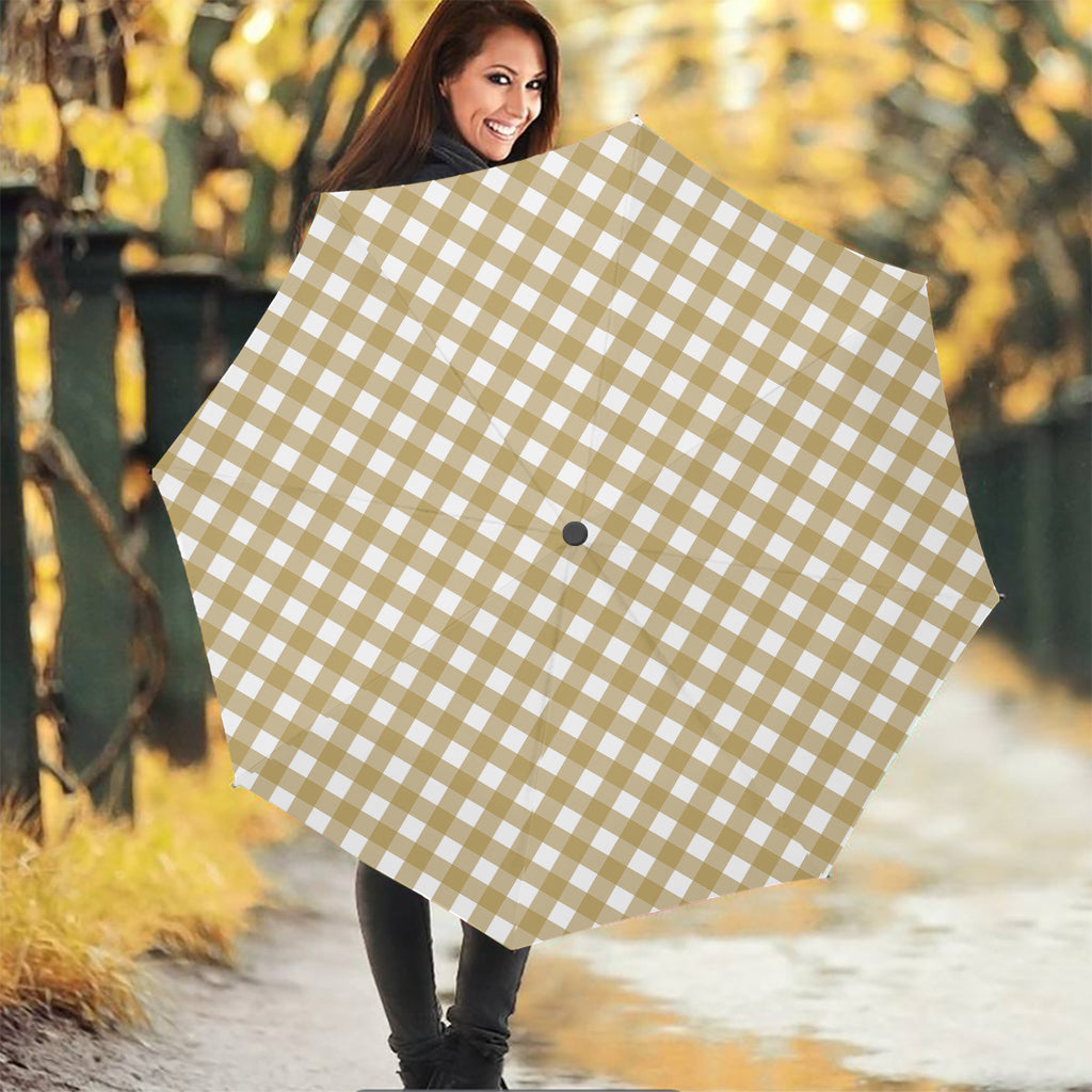 Beige And White Check Pattern Print Foldable Umbrella