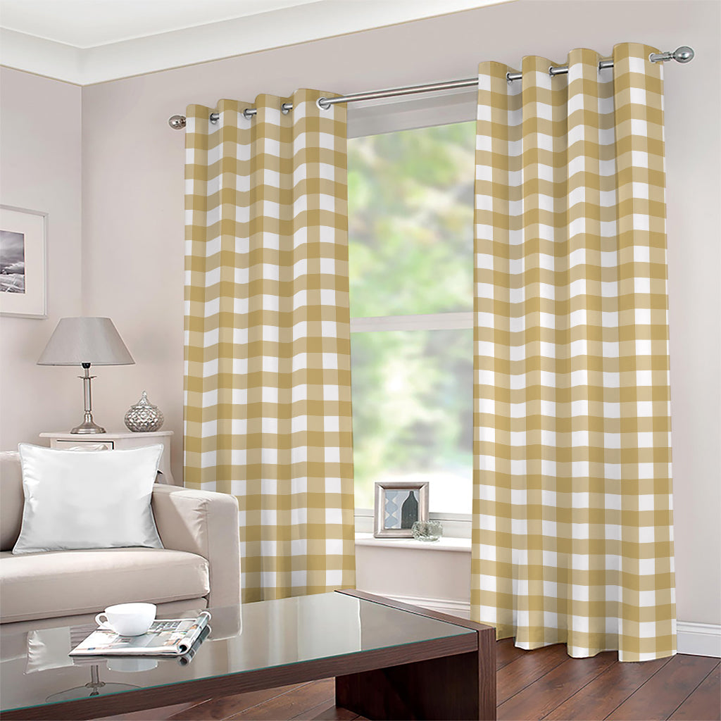 Beige And White Check Pattern Print Grommet Curtains