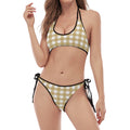Beige And White Check Pattern Print Halter Scoop Tie Side Bikini
