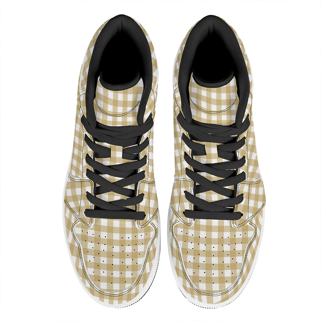 Beige And White Check Pattern Print High Top Leather Sneakers