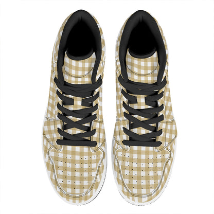 Beige And White Check Pattern Print High Top Leather Sneakers