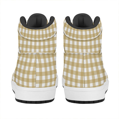 Beige And White Check Pattern Print High Top Leather Sneakers