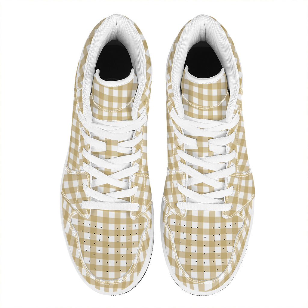 Beige And White Check Pattern Print High Top Leather Sneakers
