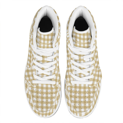 Beige And White Check Pattern Print High Top Leather Sneakers